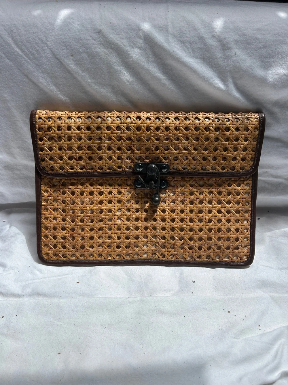 Woven Rattan Briefcase Clutch in Natural Brown
